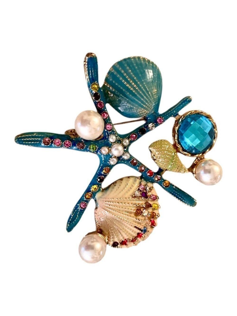 Monet Under the Sea Blue & Gold Starfish Nautical Cluster Design Vintage Brooch.